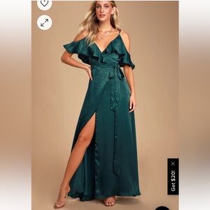 Lulus Moriah Emerald Green Satin Wrap Maxi Dress